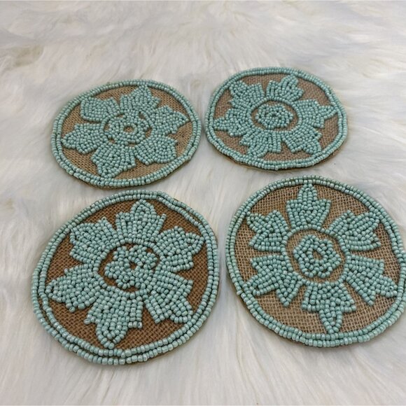 ⭐ 3/$15 Teal Beaded Floral Coasters Set Of 4 Round Design - Picture 2 of 4